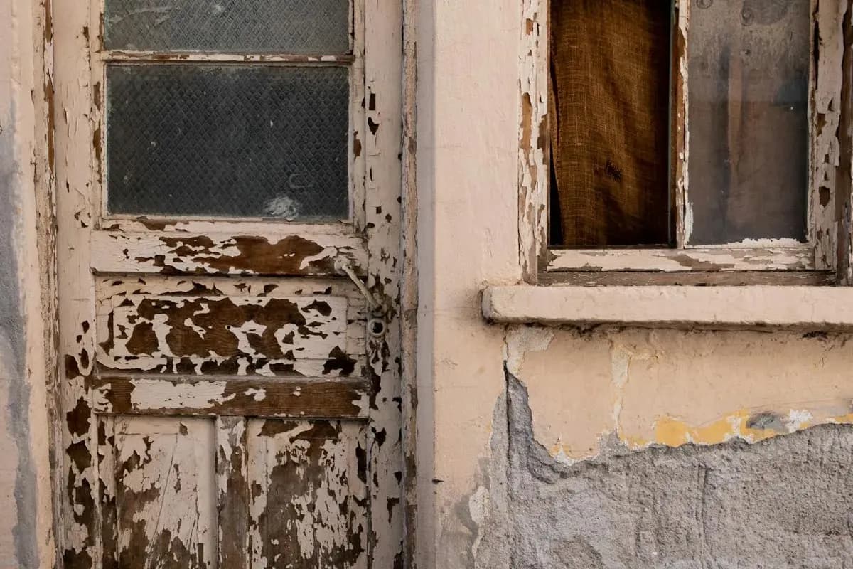 Altes Holzfenster und alte Holztür mit abblätternder Farbe und morschem Rahmen